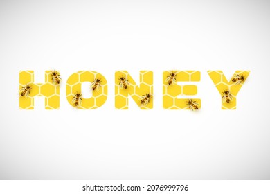 Vector Word Honey with Yellow Honeycomb Texture and Glossy Bees. Decorative Text. Isolated on the White Background.