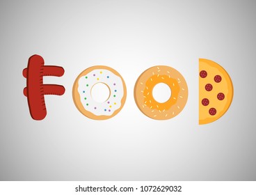 Vector word as image. Word Food made by sausage, donut, loaf and pizza.
