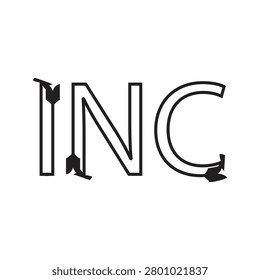 Vector word INC with arrows isolated on white background. Minimalist typographic design for manufacturing, handmade products, logistics, creation, and sustainable production concept.