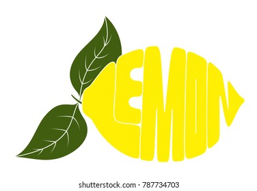 Vector word lemon in the shape of lemon with green leafs. Hand lettering word in yellow and green color isolated on white background. Concept for logo, card, typography, poster, print.