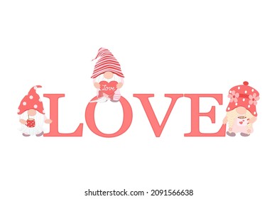 Vector - Word "LOVE" with cute Gnome holding coffee cup and heart pillow on pink theme. Valentine's. Can be use decorate any card, web, poster, sticker, print, paper.