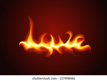 Vector word love of the fire on a dark background