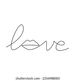 Vector word Love hand writing with line continuous female lips drawing . Slogan, quote, text, lettering, Calligraphic design for print, banner, poster, Valentine’s Day card, postcard, brochure.