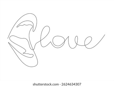 Vector word Love hand writing with line continuous female lips drawing . Slogan, quote, text, lettering, Calligraphic design for print, banner, poster. Editable stroke.