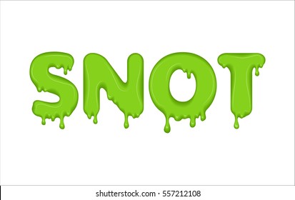 Vector Word Made Of Flowing Snot. Letters With Snivel Drops, Splashes And Blobs. Glossy Typeface. Text Of Mucus, Green Liquid Drops Isolated On White Background.