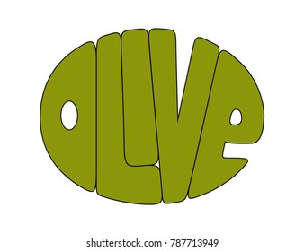 Vector word olive in the shape of olive. Hand lettering word in olive color with black outline isolated on white background. Concept for logo, card, typography, poster, print.