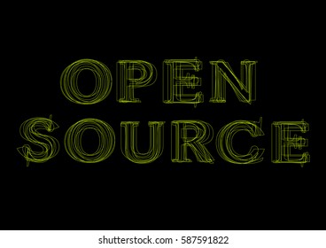Vector word open source,  green light on black background