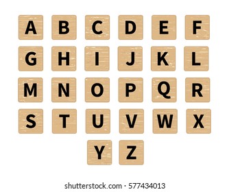 Vector word puzzling game. Alphabet on wooden tiles, front view. Black symbols on textured wood background