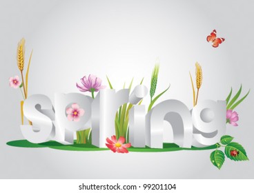 Vector word spring surrounded by seasonal objects