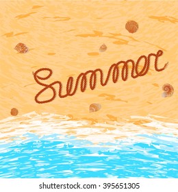 Vector Word Summer on the sandy beach. Sea - shells - sand - rope