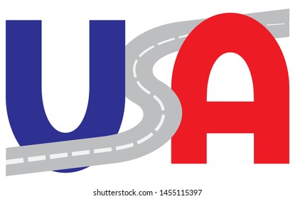 Vector word of USA, curved road with white markings. Trucking industry in the United States of America concept. EPS10.