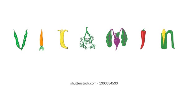 Vector word Vitamin is composed of vegetables and fruits on white background.