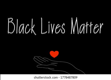 Vector - Las vidas negras importan con la mano de contorno sosteniendo el corazón rojo sobre fondo negro. Toda vida es igual. Alto al racismo, concepto de matón social. 