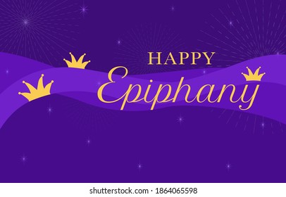 Vector - Wording Happy Epiphany and three crown on purple background. Special day. Christian. Copy space.