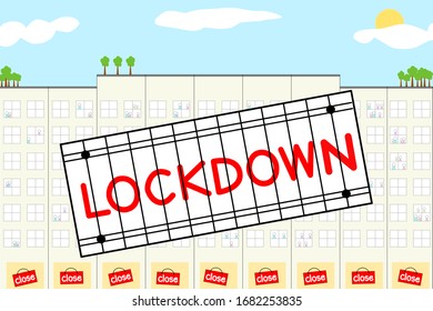 Vector - Wording "LOCKDOWN", business. Warning for outbreak Covid-19. Everything is stop. Self quarantine at house. Work from home, WFH.
