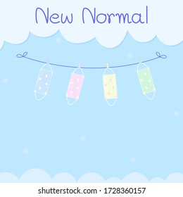 Vector - Redactar nueva normalidad con una linda máscara de algodón después de lavarse y colgar sobre fondo azul del cielo. Proteger de la contaminación (PM 2.5), el polvo, el coronavirus (Covid-19). Concepto de salud. Copiar espacio.