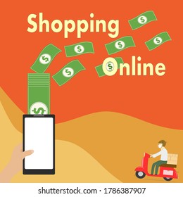 Vector - Wording Shopping Online with money on mobile phone or smartphone and delivery service. Business, Digital technology concept. Copy space.
