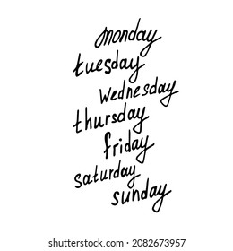 Palabras vectoras de los días de la semana: "Lunes", "Martes", "Miércoles", "Jueves", "Viernes", "Sábado", "Domingo" están aislados al estilo doodle. Puede utilizarse como pegatinas para planificadores diarios