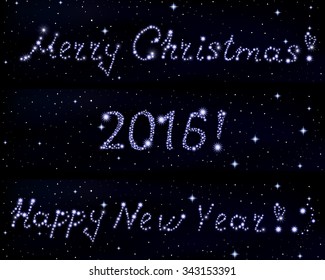 Vector words "Merry Christmas!", "2016" and "Happy New Year!" written in stars on space starry background