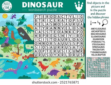 Vektor WortSuche Puzzle für Kinder mit Dinosaurier-Namen. Quiz zur Wortsuche mit Dino-Landschaft. Pädagogische Aktivität mit T-Rex, Triceratops, Stegosaurier. Kreuzworträtsel mit prähistorischer Szene
