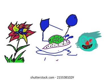 Vector work of a 3-year-old child, monkey drawing, snails with colorful balloons and flowers 
