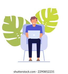 Vector. Work from home, coworking, concept design. Young people, men and women freelancers working on laptop and computer at home, dressed in home clothes. Cute illustration in flat style.