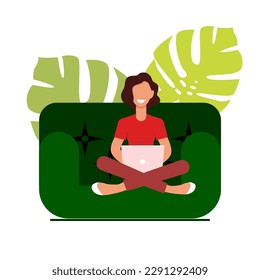 Vector. Work from home, coworking, concept design. Young people, men and women freelancers working on laptop and computer at home, dressed in home clothes. Cute illustration in flat style.