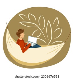 Vector. Work from home, coworking, concept design. Young people, men  freelancers working on laptop and computer at home, dressed in home clothes. Cute illustration in flat style.