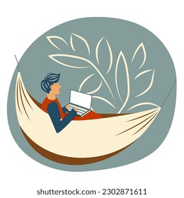 Vector. Work from home, coworking, concept design. Young people, men  freelancers working on laptop and computer at home, dressed in home clothes. Cute illustration in flat style.