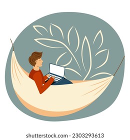 Vector. Work from home, coworking, concept design. Young people, men  freelancers working on laptop and computer at home, dressed in home clothes. Cute illustration in flat style.