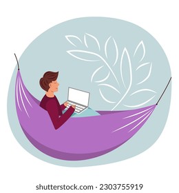 Vector. Trabajo desde casa, coworking, diseño conceptual. Jóvenes, hombres independientes que trabajan en laptop y computadora en casa, vestidos con ropa de casa. Ilustración ligera en estilo plano.