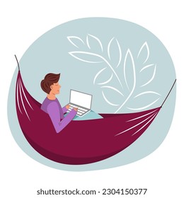 Vector. Work from home, coworking, concept design. Young people, men  freelancers working on laptop and computer at home, dressed in home clothes. Cute illustration in flat style.