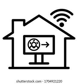 Vector is work at home outline icon with computer donut delivery and internet wifi on white background.