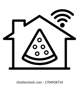 Vector is work at home outline icon with pizza delivery and internet wifi on white background.