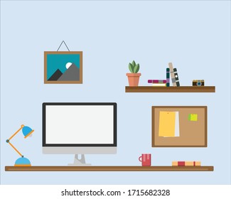 Vector work from home to prevent diffusion. COVID 19 The home office has computer equipment, books, gold cameras, and red coffee cups placed on the table. There are still pictures hanging on the wall.