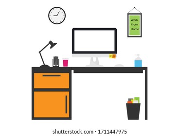 vector work from home , space area in office or home with computer,lamp,phone and a glass of juice, alcohol gel on the desk, on isolate white background, social distancing