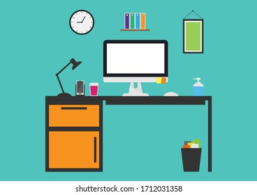 vector work from home , space area in office or home  with computer,lamp,bookshelf,phone and a glass of juice, alcohol gel on the desk, on solf blue background, social distancing