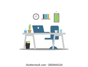 vector work from home , space area in office or home with computer, bookshelf, and a glass of juice, alcohol gel on the desk, on isolate white background, social distancing
