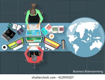 Vector Work place businessman brainstorming, planning and analysis with mobile technology tablet PC, laptop, diary, glasses, coffee cups and the world flat design 