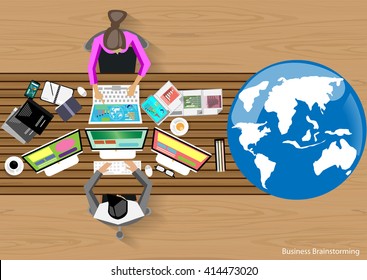 Vector Work place businessman brainstorming, planning and analysis with mobile technology tablet PC, laptop, diary, glasses, coffee cups and the world flat design