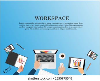 Vector work space for business meetings and brainstorming. Analysis plan Concept and web banners, print media and mobile technology, tablet, laptop, diary and a cup of coffee, flat design