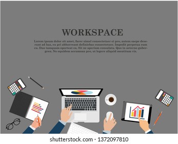 Vector work space for business meetings and brainstorming. Analysis plan Concept and web banners, print media and mobile technology, tablet, laptop, diary and a cup of coffee, flat design