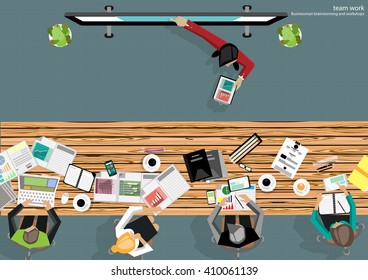 Vector work space for business meetings and brainstorming. Analysis plan Concept and web banners, print media and mobile technology, tablet, laptop, diary and a cup of coffee, flat design 