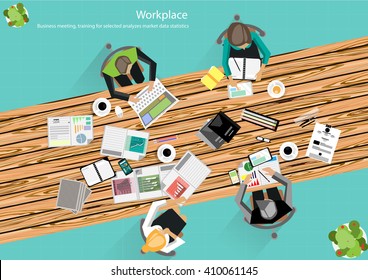 Vector work space for business meetings and brainstorming. Analysis plan Concept and web banners, print media and mobile technology, tablet, laptop, diary and a cup of coffee, flat design 