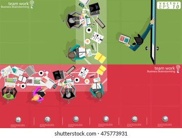 Vector work space for business meetings and brainstorming. Analysis plan Concept and web banners, print media and mobile technology, tablet, laptop, diary and a cup of coffee, flat design