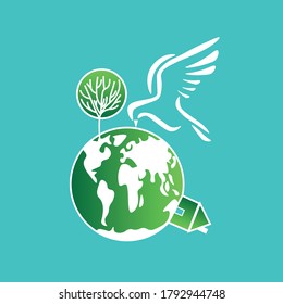 Vector work titled Save our planet. Our changing environment. Let's protect the world. Peace bird and tree vector worthy of earthly life. Save our planet earth