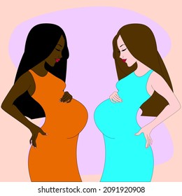a vector work with two women, one European, one African-American, pregnant black woman, the magic of femininity, fertility, waiting for a new life, waiting for a baby, a healthy pregnancy. 