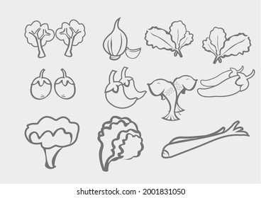 Vector work, vegetables, chili, eggplant, lemongrass, fish, artificial onion