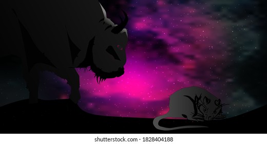 Vector work, which represents the coming of the year of the ox and the end of the year of the mouse. the end of an old year and the beginning of a new year. a new beginning. Chinese horoscope.