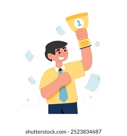 Vector of worker man become best employee showing his trophy up in the air